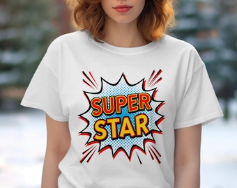 Camiseta de superestrella, estilo cómic pop art, camiseta con gráfico de músico retro, regalo para cantante principal, ropa vibrante de estrella de rock, merchandising de banda