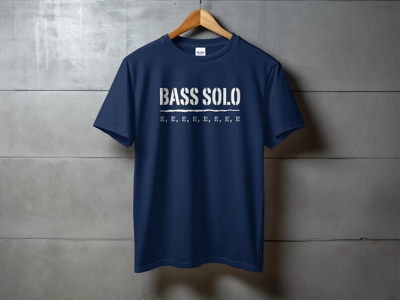 Navy t-shirt with "BASS SOLO" and repeating "E" text.