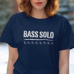 Navy t-shirt with "BASS SOLO" and multiple "E" notes printed on it.