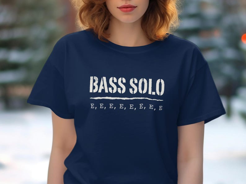 Navy t-shirt with "BASS SOLO" and multiple "E" notes printed on it.