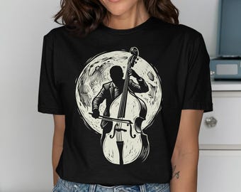 Maglietta per contrabbassista, musicista jazz, regalo per bassista, maglietta vintage con cielo notturno per uomo e donna, maglietta retrò con corde