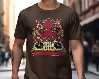 DJ Octopus T-Shirt, Retro Vinyl Art, Electronic Music Tee