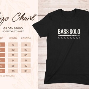 Gildan 64000 Softstyle t-shirt size chart with measurements for width and length.