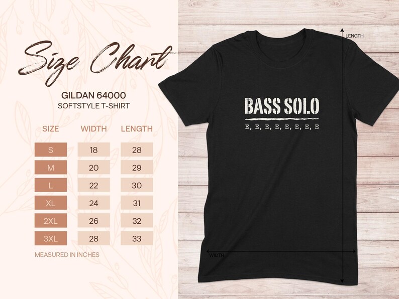 Gildan 64000 Softstyle t-shirt size chart with measurements for width and length.