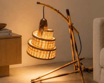 Handcrafted Bamboo Floor Lamp | Sculptural Rustic Woven Lighting, Boho Accent Lamp