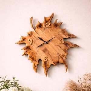 Hand Carved Wooden Leaf Wall Clock | Rustic Nature Decor