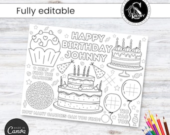 May include: Black and white printable birthday coloring page with the text "Happy Birthday Johnny". The page includes images of cakes, cupcakes, party hats, balloons, a maze, and the text "Help Find the Candies".