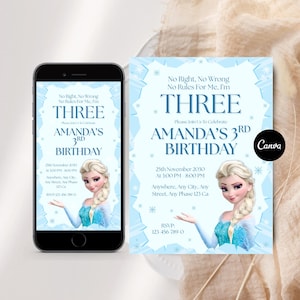 May include: A light blue birthday invitation for a third birthday, with the text "THREE" and "AMANDA'S 3RD BIRTHDAY". The design includes a princess illustration and snowflakes. The invitation is displayed on a smartphone and a printed card.