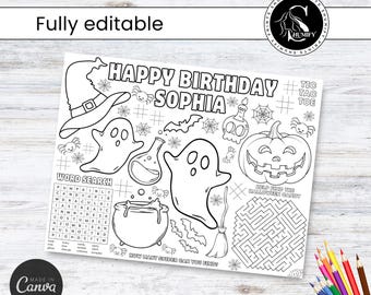 Kleurplaatplacemat Halloween-verjaardag | Bewerkbaar spookactiviteitenblad (afdrukbare pdf)