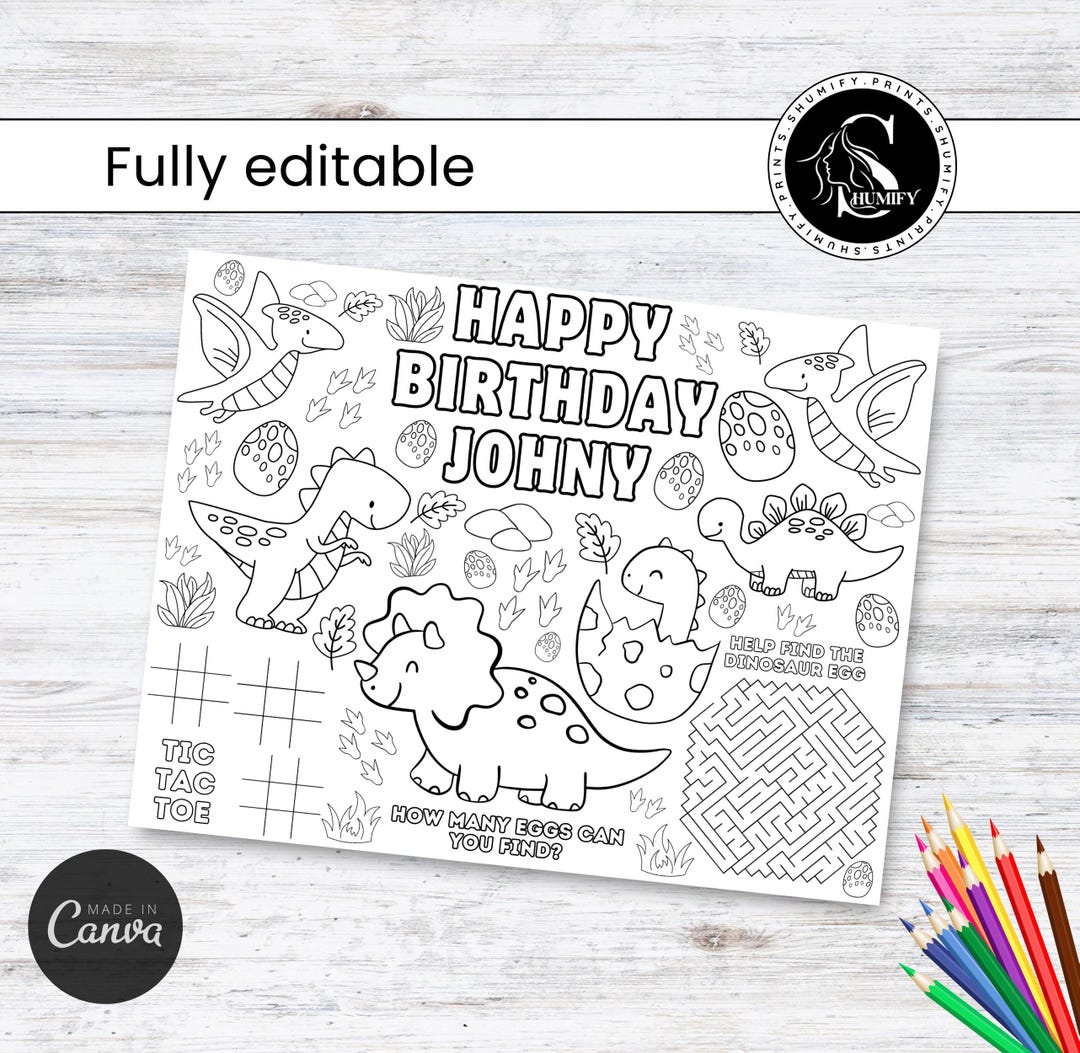 Dinosaur Birthday Coloring Placemat | Kids Party Activity (digital ...