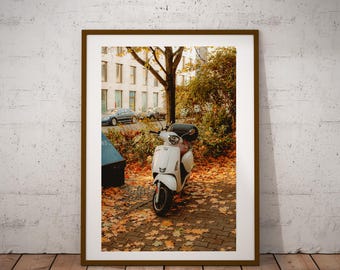 Vintage Moped in Autumn Leaves, Berlin, Germany