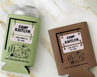 Camp Bachelorette Can Cooler, Personalized Camp Bach Koozie, Summer Camp Bach Party, Camp Bride koozie, Bachelorette Koozies Lake