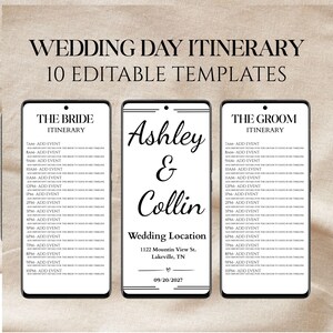 Puede incluir: Tres pantallas de smartphone que muestran plantillas de itinerario de boda. El texto dice Wedding Day Itinerary 10 Editable Templates, The Bride Itinerary, The Groom Itinerary, Ashley & Collin, Wedding Location 1122 Mountin View St. Lakeville, TN, y 09/20/2027.