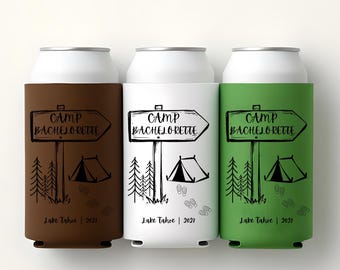 Camp Bachelorette Can Cooler Personalized Camp Bach  Drink Holder Summer Party Camp Bride koozie Bachelorette Koozies Lake Custom Location