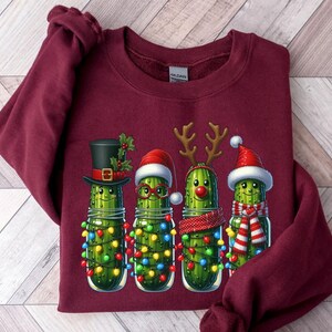 Holiday Pickle Sweatshirt, Santa and Reindeer Lights (Unisex S-XXL)