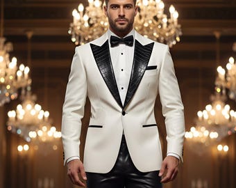 May include: A formal white tuxedo jacket with black lapels and trim, paired with black leather pants and a black bow tie. The outfit is worn in a grand ballroom setting with chandeliers.