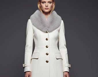 White Leather Long Coat with Fur Collar | Custom Fit