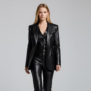 Women's Black Crocodile Leather Blazer & Pants Suit Set