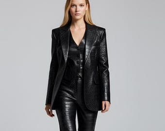 Black Crocodile Leather Blazer & Pants Suit Set for Women, High Waisted Pants