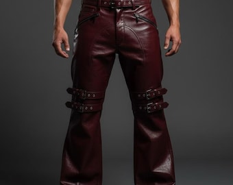 Handmade Burgundy Leather Biker Pants | Gothic Buckle Straps