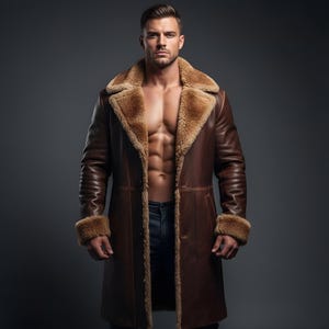 May include: A brown leather coat with a shearling collar and cuffs. The coat is buttoned and has a long length. The model is wearing dark blue jeans. The background is a solid gray.