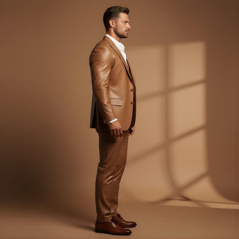 May include: A tan leather suit, including a blazer and trousers, paired with a white dress shirt and brown leather shoes. The suit has a classic two-button design. The model is standing in profile against a neutral background.