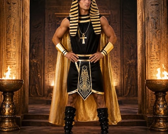 Men's Egyptian Pharaoh Costume, Ancient Egypt Cosplay, Halloween Headpiece Cape Set