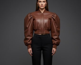 Cropped Brown Leather Jacket | Women's Puff Sleeve Bomber