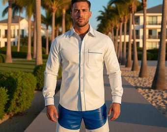 Men's White Blue Leather Shirt Shorts Set | Genuine Leather Resort Wear Outfit