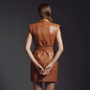 Pu&ograve; includere: Abito senza maniche in pelle marrone chiaro, con cintura abbinata e design strutturato. L'abito presenta un colletto e una gonna al ginocchio. Le mani della modella sono giunte dietro la schiena.