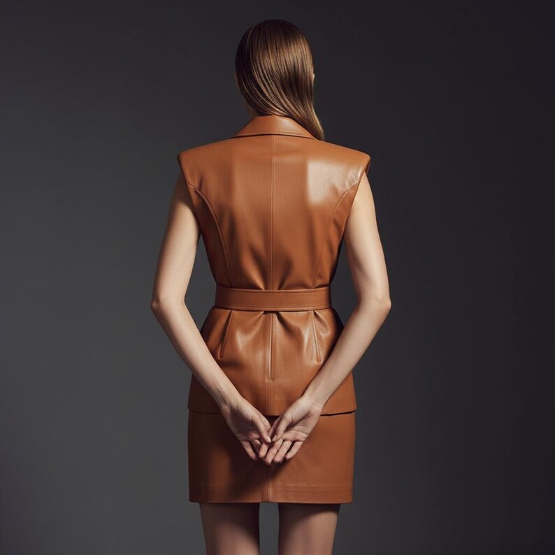 Pu&ograve; includere: Abito senza maniche in pelle marrone chiaro, con cintura abbinata e design strutturato. L'abito presenta un colletto e una gonna al ginocchio. Le mani della modella sono giunte dietro la schiena.