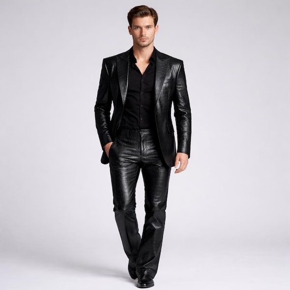 Crocodile Embossed Leather Suit, Black Blazer & Pants Set, Custom Fit