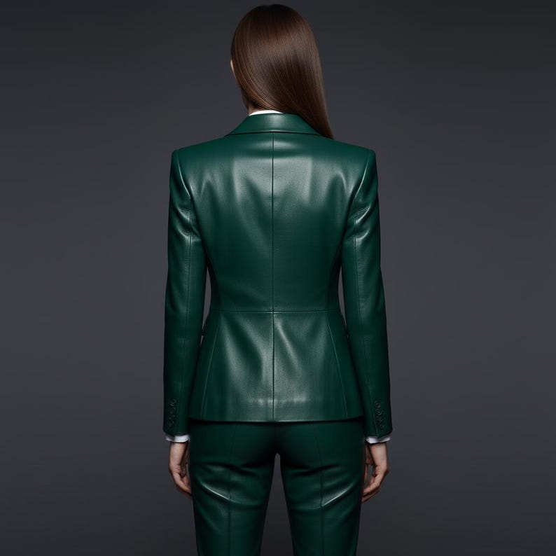 May include: A dark green leather suit, including a fitted blazer and matching pants. The blazer has a tailored fit with button details on the sleeves. The outfit is displayed against a dark gray background.