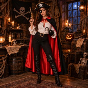 May include: A pirate costume featuring a black and red cape, a white long-sleeved blouse with lace-up detail, black trousers with a belt, a black tricorn hat with a skull emblem, an eye patch, a hook hand accessory, and black knee-high boots.