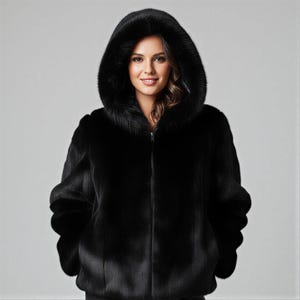 May include: A black hooded jacket with a fur-trimmed hood and a zipper closure. The jacket has a plush, textured appearance and is worn by a person. The jacket's design includes a hood and pockets, offering a stylish and warm outerwear option.