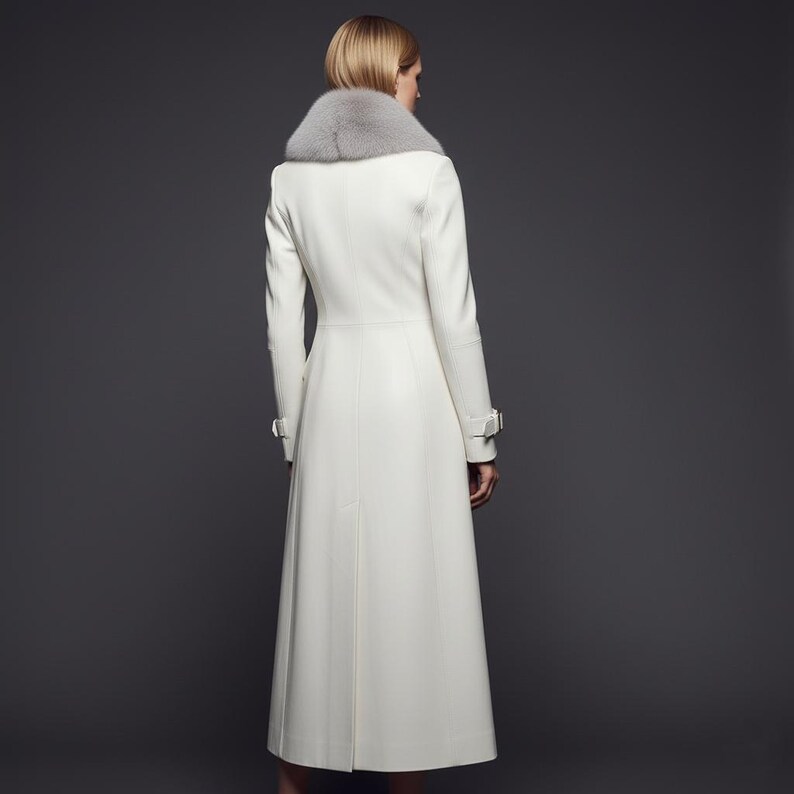 May include: A long, white coat with a gray fur collar. The coat has a tailored fit, long sleeves, and buckle details on the cuffs. The coat is knee-length and has a classic, elegant design.