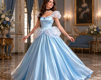 Adult Cinderella Inspired Ball Gown, Blue Princess Cosplay Costume, Satin Royal Dress