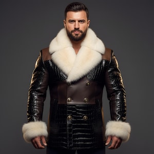 May include: A double-breasted leather coat with a fur collar and cuffs. The coat features a brown leather body with black crocodile-textured panels and gold buttons. The fur is a creamy white color.