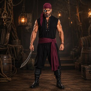 May include: A pirate costume featuring a black sleeveless lace-up tunic, black trousers, and a deep red sash. The ensemble includes a matching deep red headscarf, a black eye patch with a white skull and crossbones emblem, and black boots.