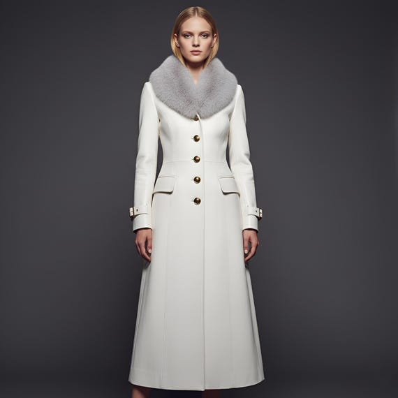 White Leather Long Coat with Fur Collar | Custom Fit