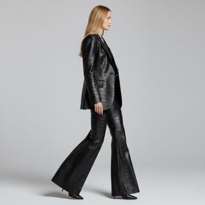 Women's Black Crocodile Leather Blazer & Pants Suit Set