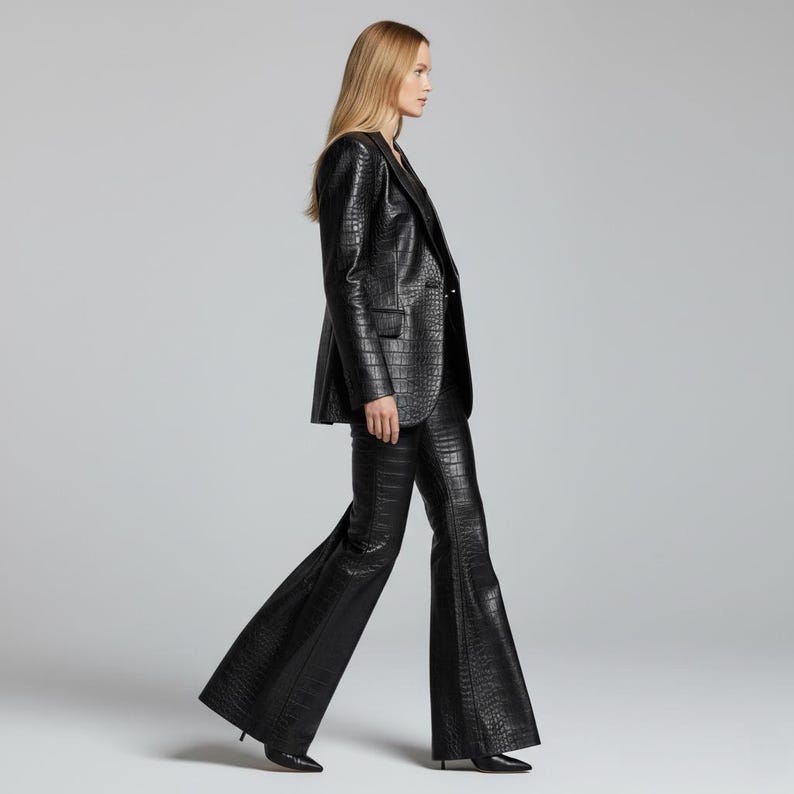 Women's Black Crocodile Leather Blazer & Pants Suit Set