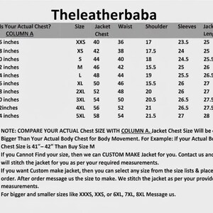 May include: A size chart from Theleatherbaba, detailing jacket measurements in inches. The chart includes chest, waist, shoulder, and sleeve measurements, along with jacket length. It also provides instructions for custom jacket sizing.