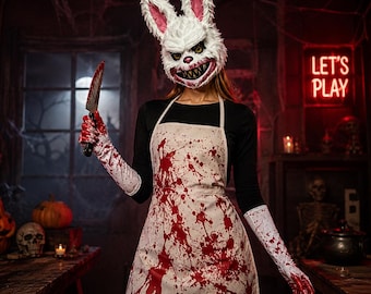 Horror Bunny Mask, Bloody Apron, Gloves Set, Halloween Cosplay Costume Accessories
