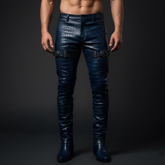 Men's Navy Crocodile Embossed Leather Pants | Handmade Slim Fit Trousers