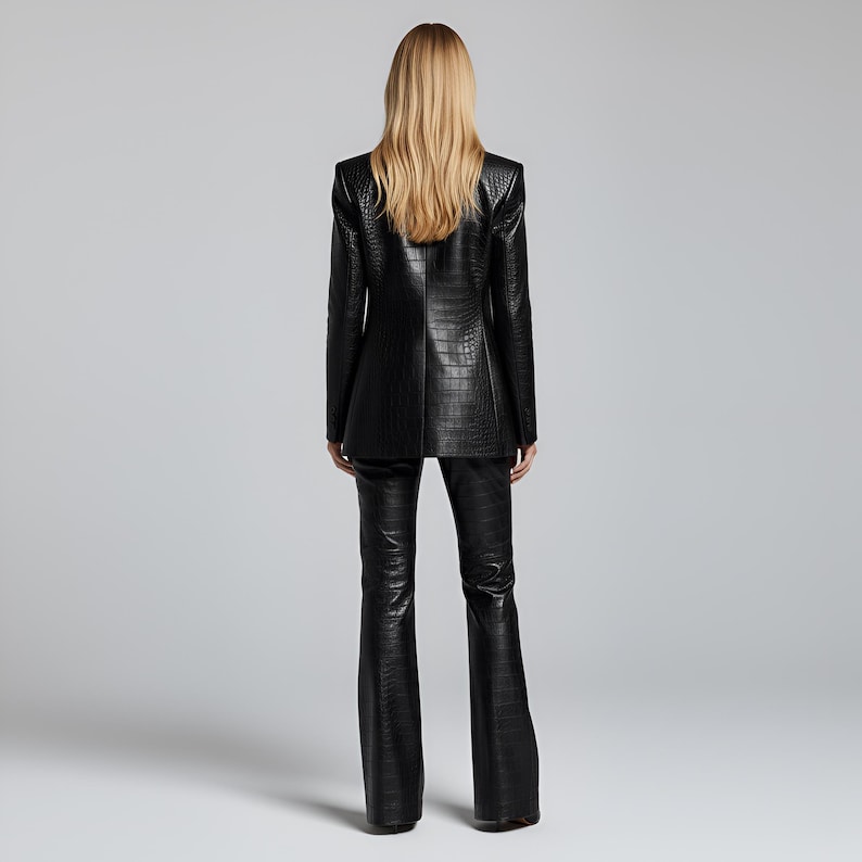 Women's Black Crocodile Leather Blazer & Pants Suit Set
