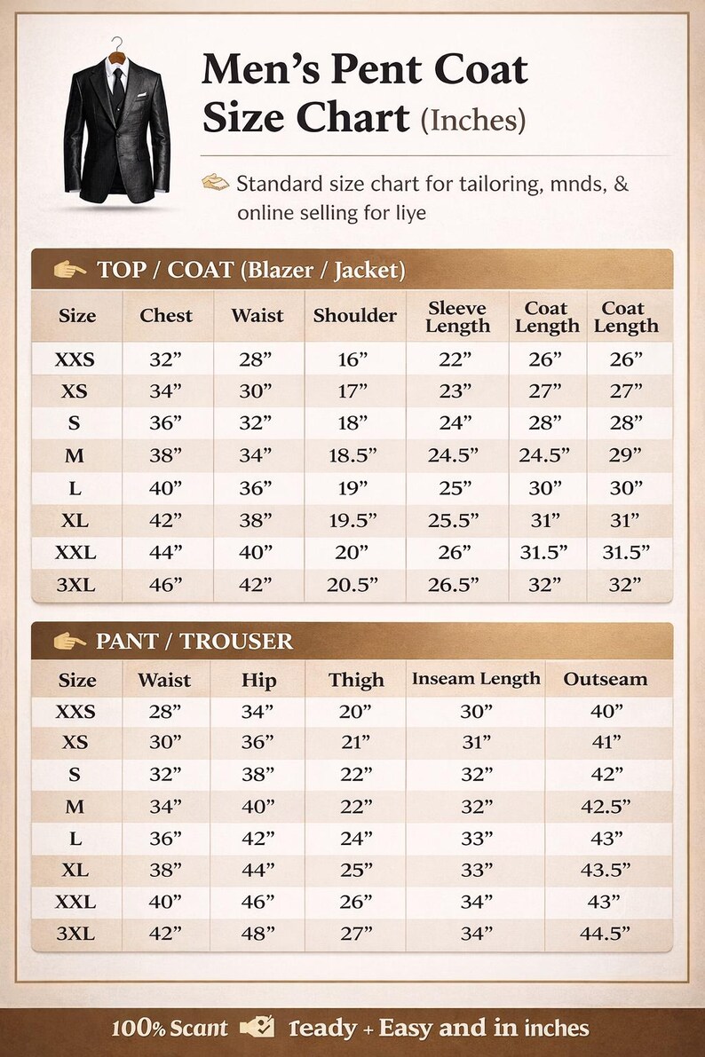 May include: Size chart for men's coats and trousers, with measurements in inches. Includes chest, waist, shoulder, sleeve, and coat lengths for blazers and jackets. Also includes waist, hip, thigh, inseam, and outseam measurements for trousers.