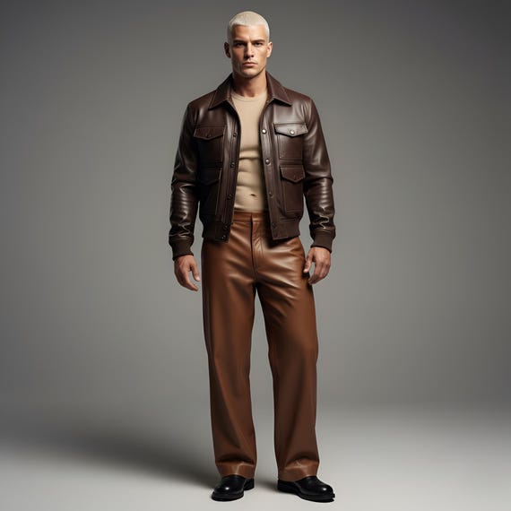 Men's Brown Cowhide Leather Outfit | Custom Tailored Moto Set