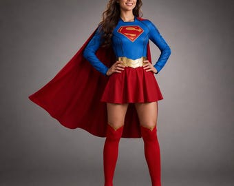 May include: A blue long-sleeve top with a red and yellow S-shield emblem, a red skirt, a matching red cape, a gold belt, and red over-the-knee boots. The costume features a fitted design with visible seam detailing on the bodice and sleeves.