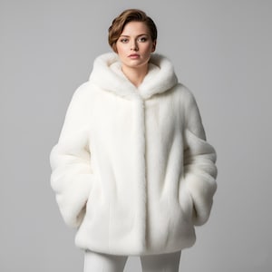 May include: A white hooded coat with a soft, plush texture. The coat has a button closure and pockets. The model is wearing white pants. The coat is a winter outerwear garment.